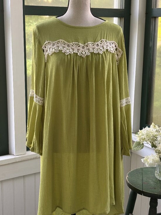 Hayden Los Angeles Dresses & Skirts - Hayden LA Chartreuse Crochet Lace Dress NWT Small Boho Green Bell Sleeve